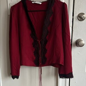 Zara Burgundy Wrap Top with Black Lace Trim